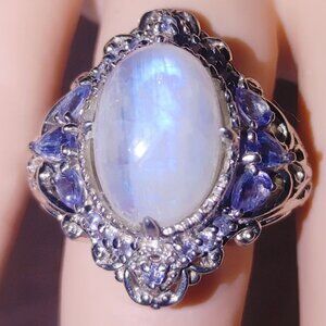 Oval Rainbow Moonstone Ring Size 7 Tanzanite Filigree Sterling Silver Stamp 925
